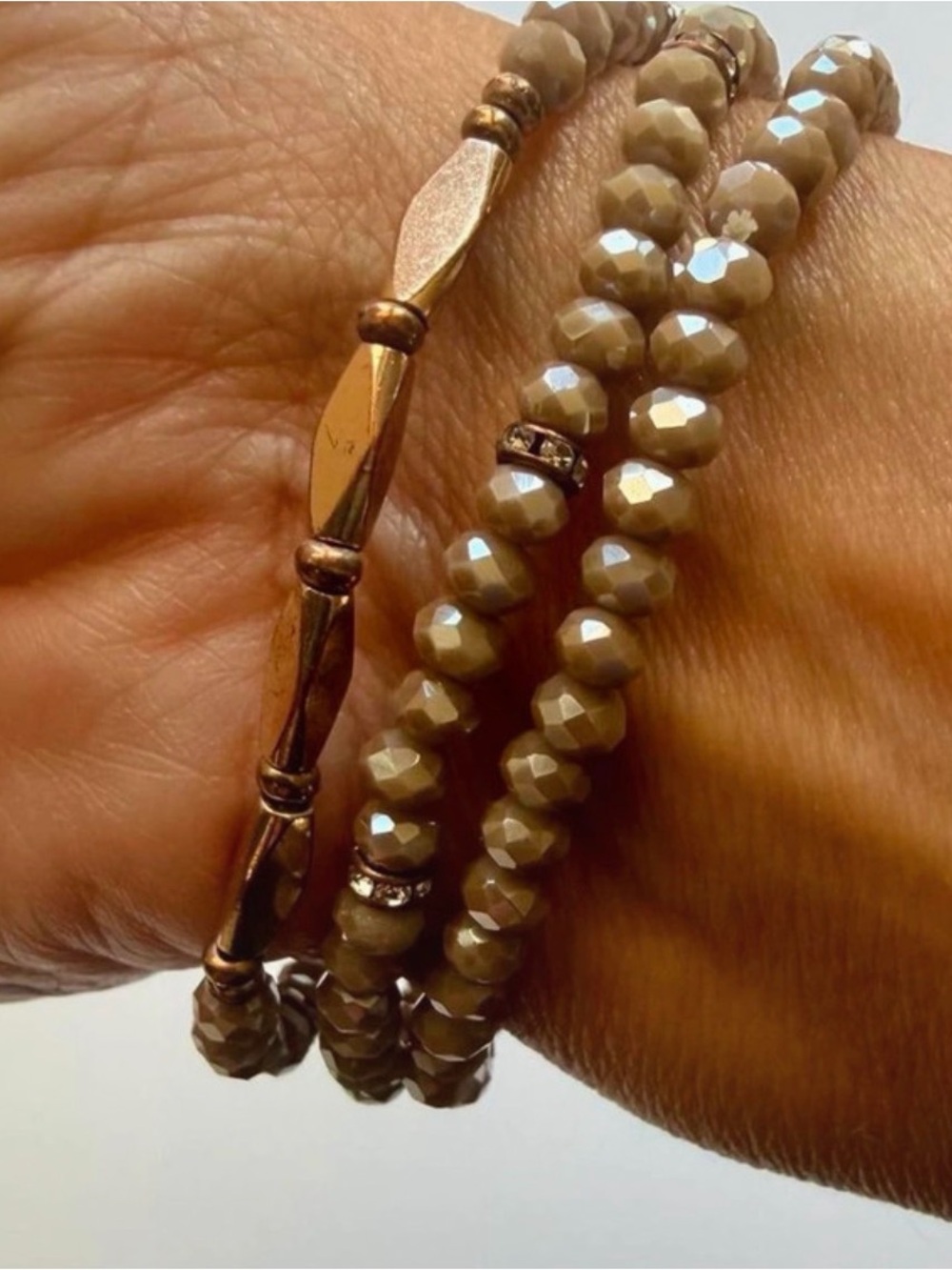 Stacked Faceted Bead & Metal Accent Bracelet Set - Taupe